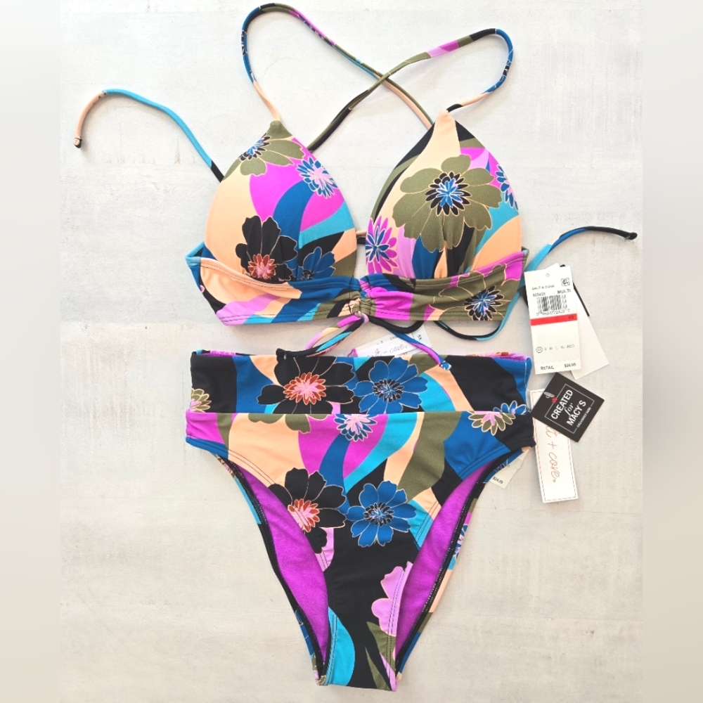 SALT + COVE Blooming Wave Floral Bikini Set, High Waist, NWT
